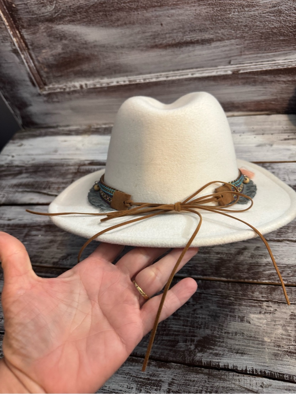 Womens Cream Felt Fedora with Beaded Trim - Picture 3 of 9